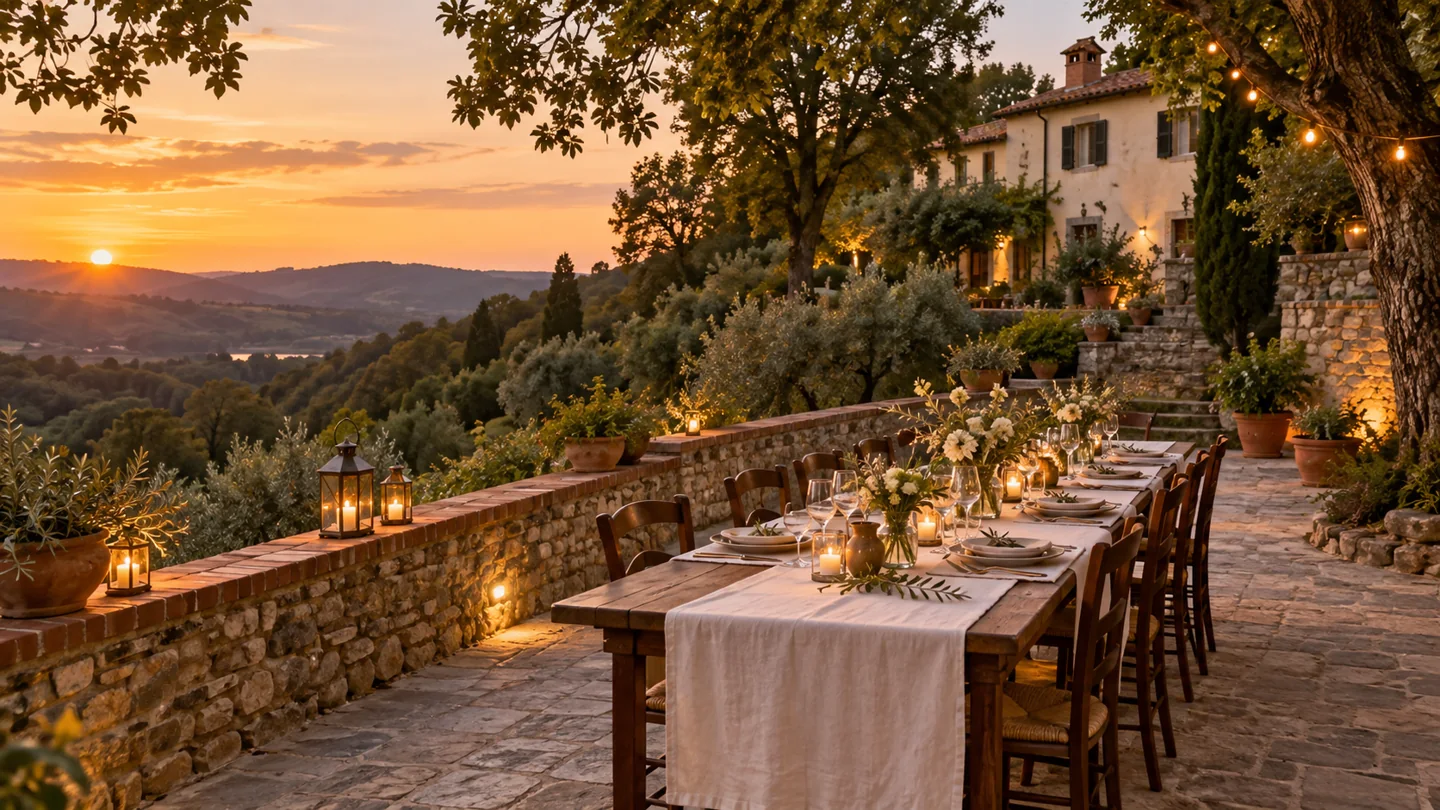 Proposta immaginata di una tavola apparecchiata sulla terrazza in pietra del podere