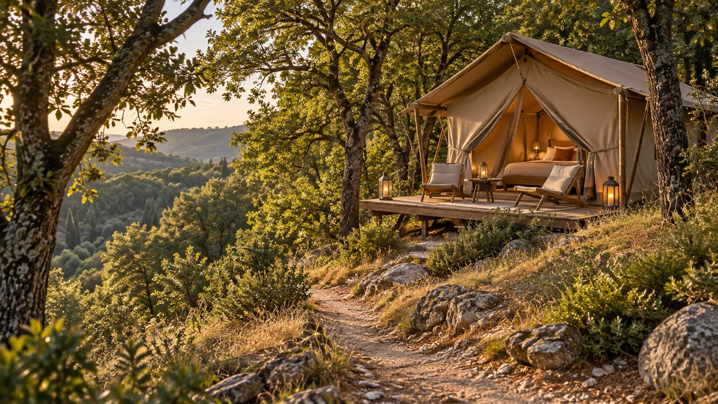 Proposta immaginata di una sistemazione glamping leggera tra gli alberi